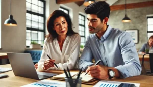 Man and woman sitting at a desk working on an interactive video production script.