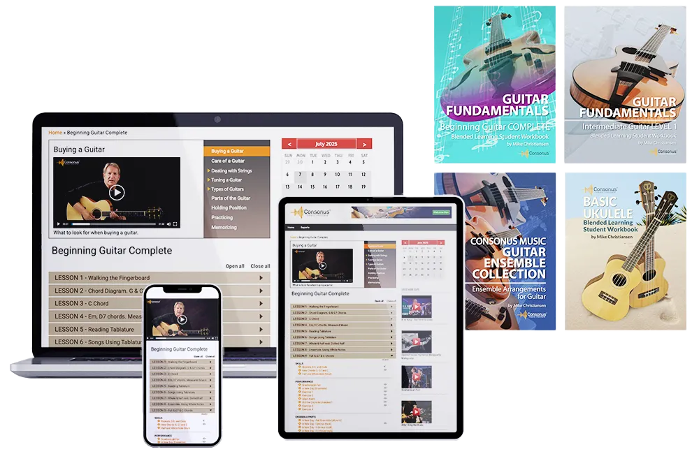Guitar method being shown for laptop, tablet, and mobile devices along with the print copies of the books