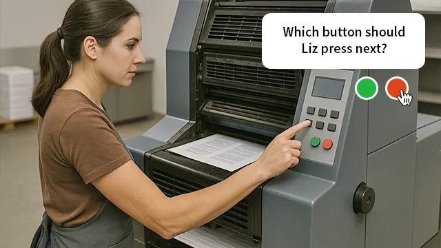 interactive video Interactive eLearning video screenshot of a women operating a print press. There is a pop-up asking which button she should push next.