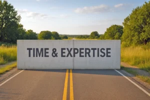 Concrete wall labeled ‘Time & Expertise’ blocking a road, with a clear path visible beyond it.
