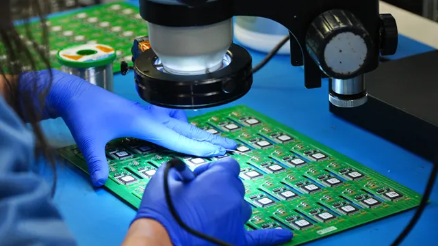 Industrial Documentary Still shot from an industrial documentary video of a woman wearing blue latex gloves and soldering a circuit board.